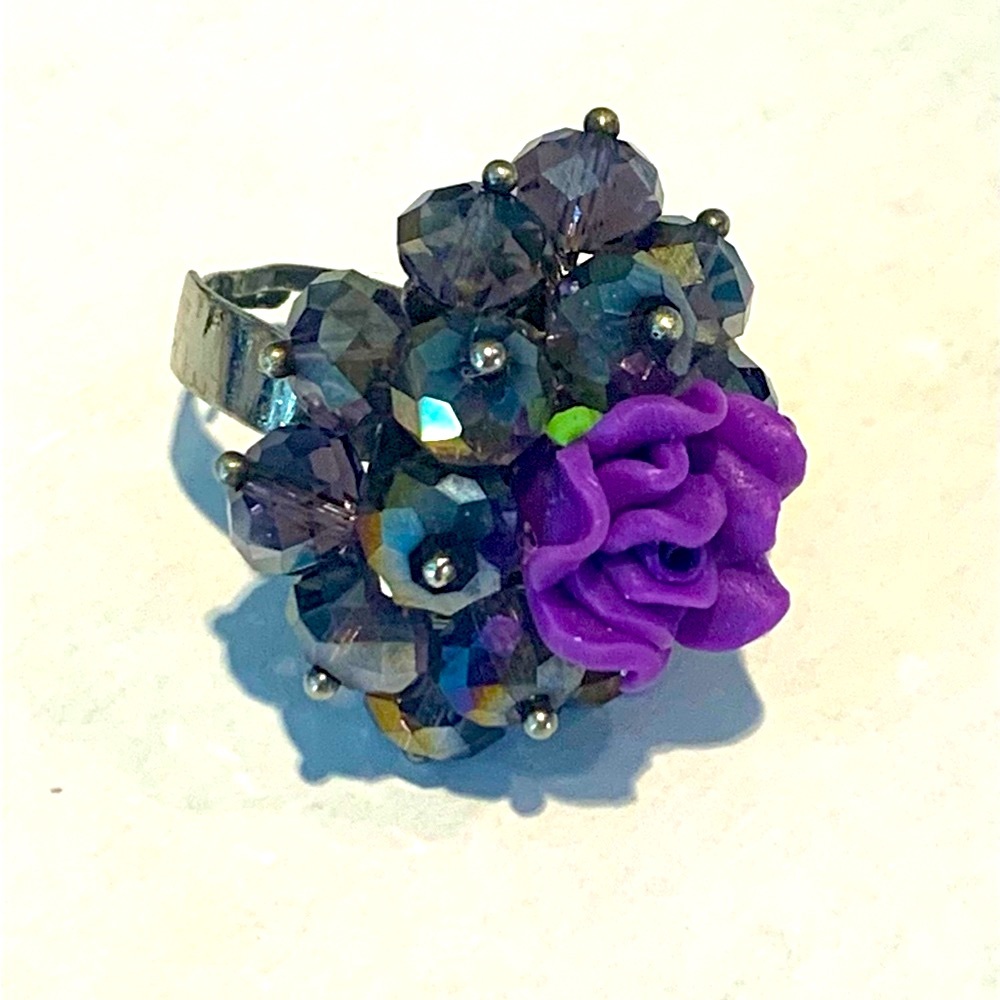 Crystal hand beaded clay flower ring